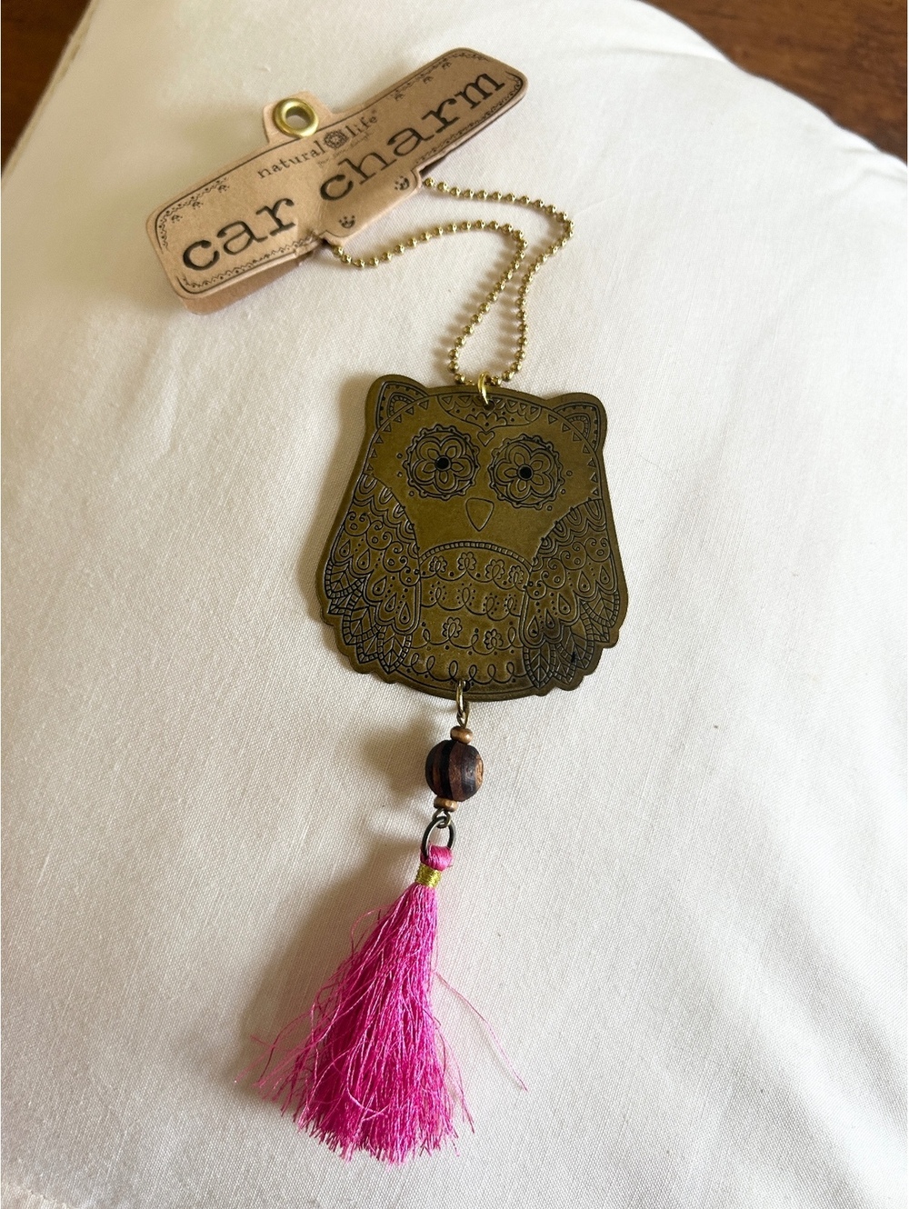 Natural Life Owl Car Charm with Pink Tassel